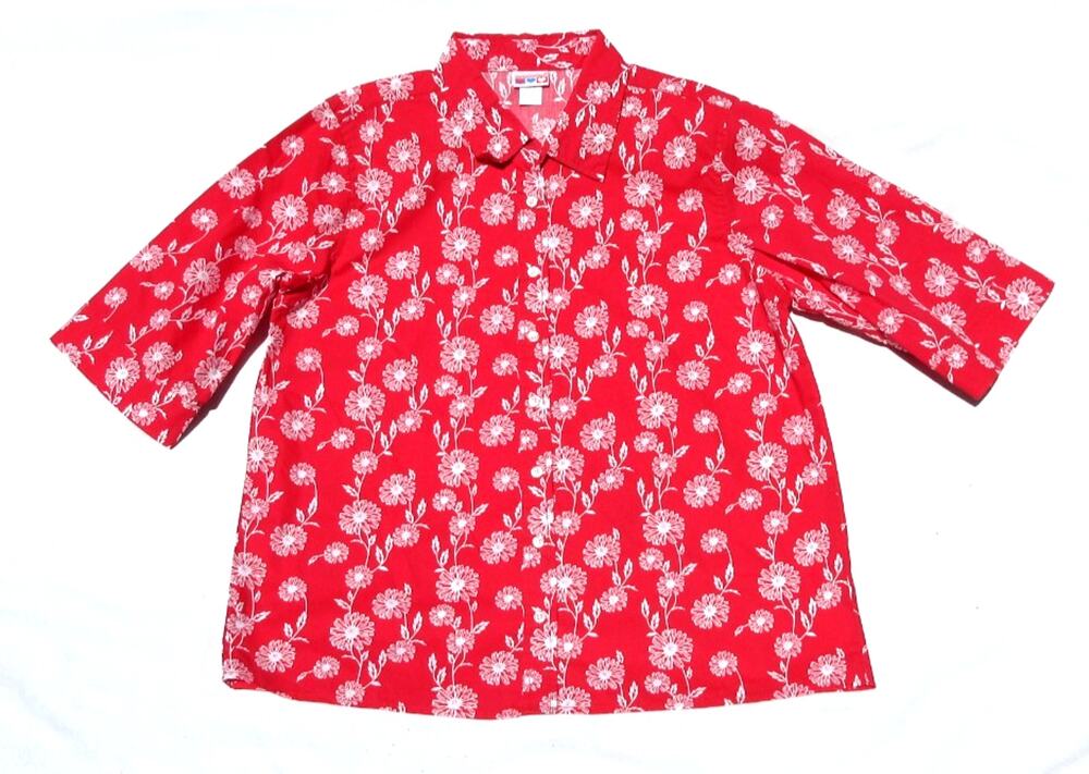 AMERICAN SWEETHEART Womens Large Red-White Flower Floral Buttondown Shirt Top